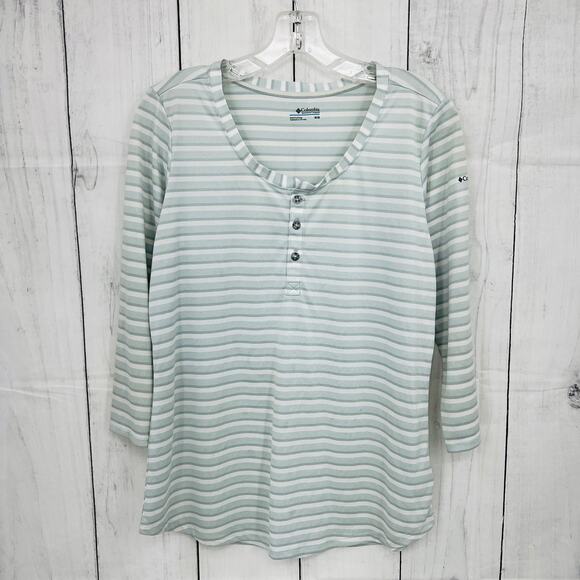 Columbia MEDIUM Henley Tee Shirt womens gray striped sheer 3/4 sleeve - Picture 1 of 9